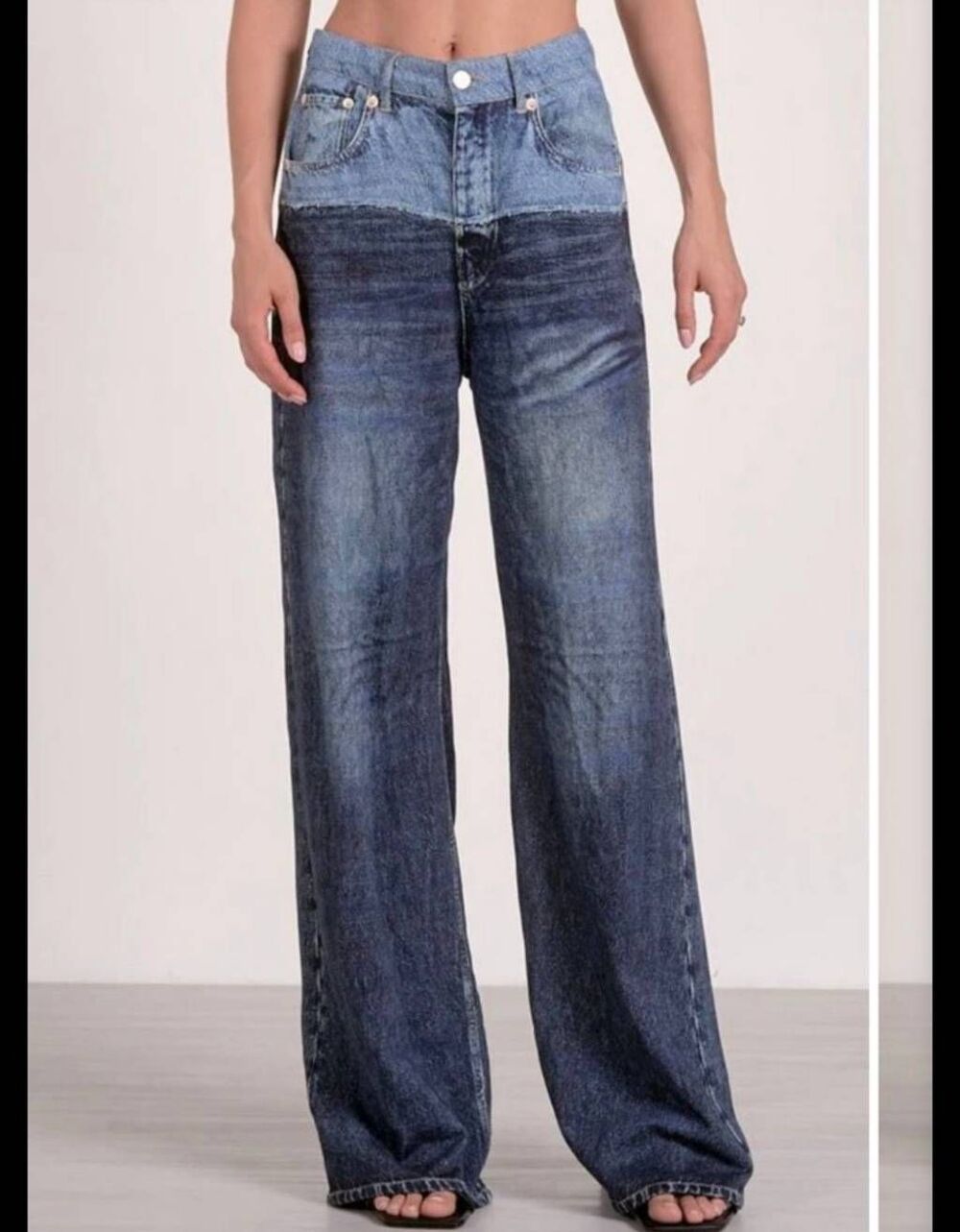 Elan Wide Leg Knit Jeans in a two-tone denim print with a distinctive color-bloc